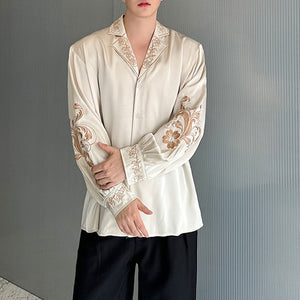 Satin Silky Embroidered Drape Long Sleeve Shirt