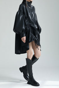 Irregular Drawstring PU Leather Cape Dress