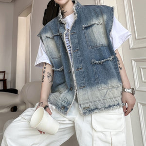 Vintage Distressed Frayed Washed Denim Vest