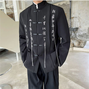 Retro Calligraphy Embroidered Stand Collar Blazer