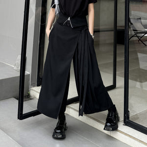 Irregular Pleated Ribbon Stitching Fake Two-piece Wide-leg Pants