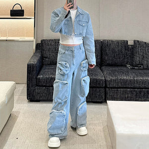 Denim Three-dimensional Multi-pocket Short Jacket and Wide-leg Trousers Two-piece Set