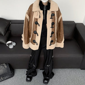 Retro Stand Collar Horn Button Sherpa Jacket