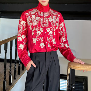 Retro Floral Embroidered Stand Collar Shirt