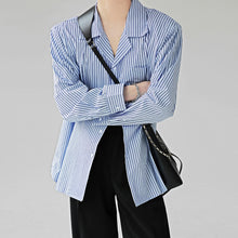 Load image into Gallery viewer, Blue Striped Cuban Collar Pad Shirt
