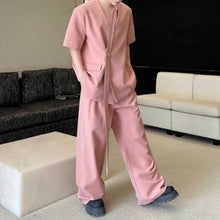 Load image into Gallery viewer, Collarless Ribbon Shoulder Pad Short Sleeve Suit Wide Leg Pants Two Piece Suit
