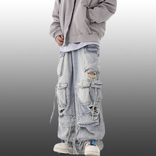 Load image into Gallery viewer, Ripped Denim Loose Straight-leg Multi-pocket Trousers
