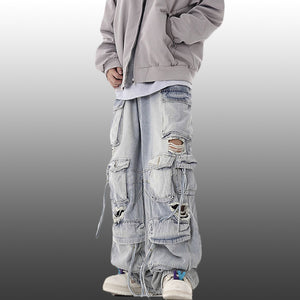 Ripped Denim Loose Straight-leg Multi-pocket Trousers