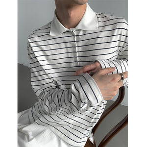 Striped Lapel Polo Loose Long Sleeve Shirt