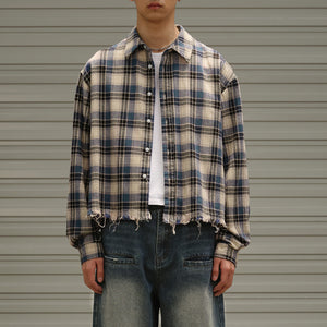 Raw Edge Cropped Loose Check Shirt