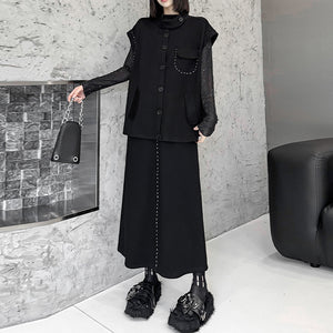 Black Loose Vest Elastic Waist Skirt Suit