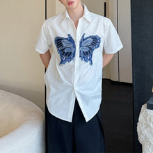 Load image into Gallery viewer, Denim Butterfly Print Loose Short Sleeve Shirt
