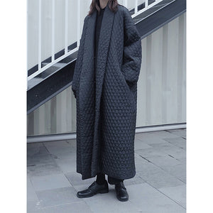 Black Diamond-patterned Loose Long Cotton Coat