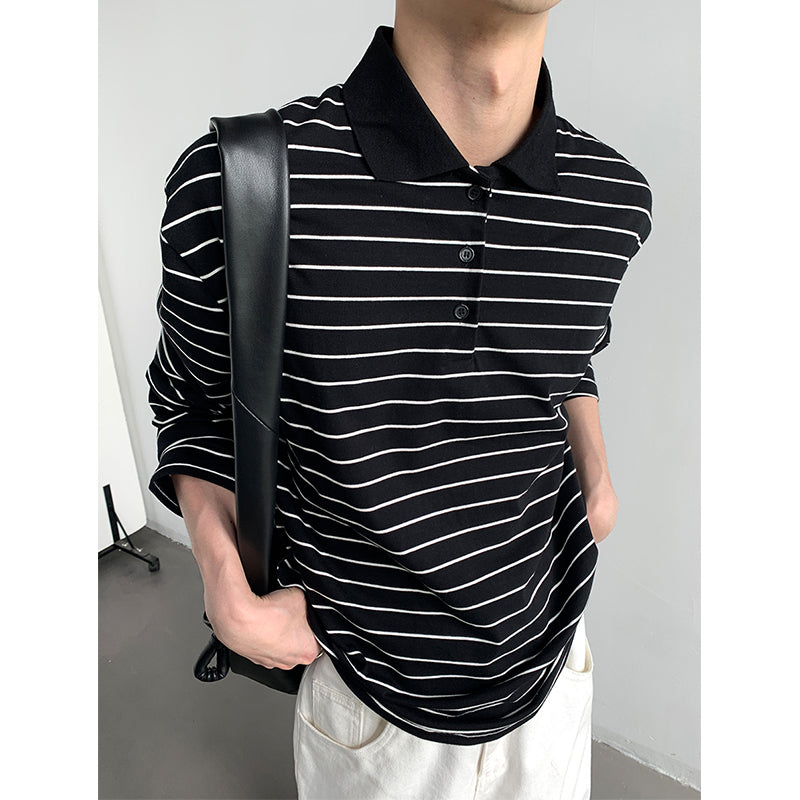 Striped Lapel Polo Loose Long Sleeve Shirt