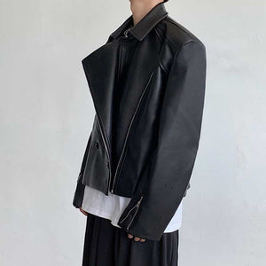 PU Leather Asymmetric Lapel Cropped Jacket