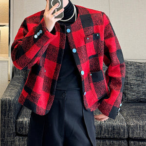 Checked Cropped Collarless Jacket