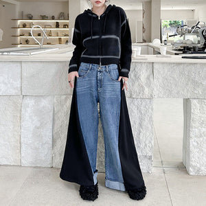 Contrast Color Denim Wide Leg Pants