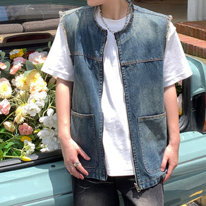 Vintage Wash Frayed Reversible Denim Vest