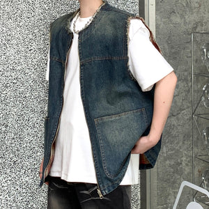 Vintage Wash Frayed Reversible Denim Vest