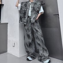 Load image into Gallery viewer, Hand-painted Shoulder Pad Denim Vest Wide-leg Pants Two-piece Suit
