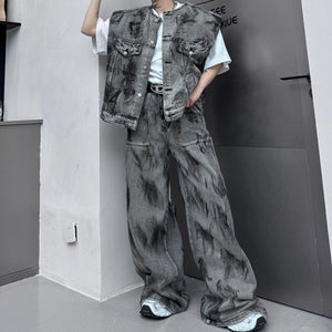 Hand-painted Shoulder Pad Denim Vest Wide-leg Pants Two-piece Suit