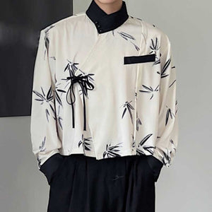 Cross-neck Lace-up Bamboo Print Long-sleeved Shirt