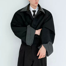 Load image into Gallery viewer, Leather Collar Contrast Plaid Oversized Turned-sleeve Cotton Jacket
