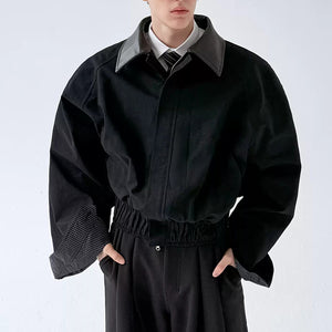 Leather Collar Contrast Plaid Oversized Turned-sleeve Cotton Jacket