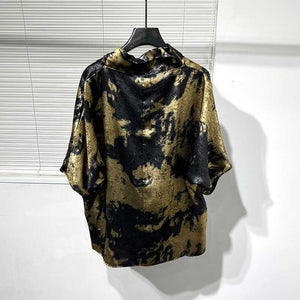 Irregular Gold Print Pile Collar Loose T-shirt