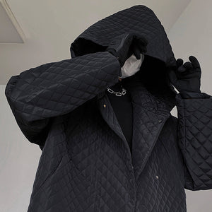 Black Hooded Rhombus Mid-length Over-the-knee Coat