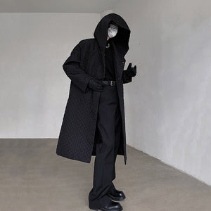 Black Hooded Rhombus Mid-length Over-the-knee Coat