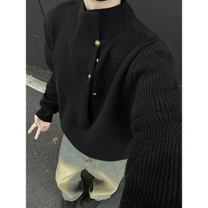 Turtleneck Loose-fitting Button-down Knit Sweater