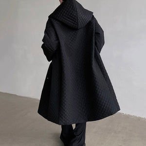 Black Hooded Rhombus Mid-length Over-the-knee Coat