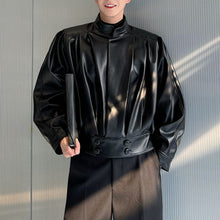 Load image into Gallery viewer, Stand Collar Pleated Short Leather Jacket
