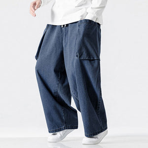 Japanese Retro Loose Large Pocket Denim Wide-leg Pants