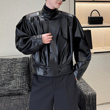 Load image into Gallery viewer, Stand Collar Pleated Short Leather Jacket
