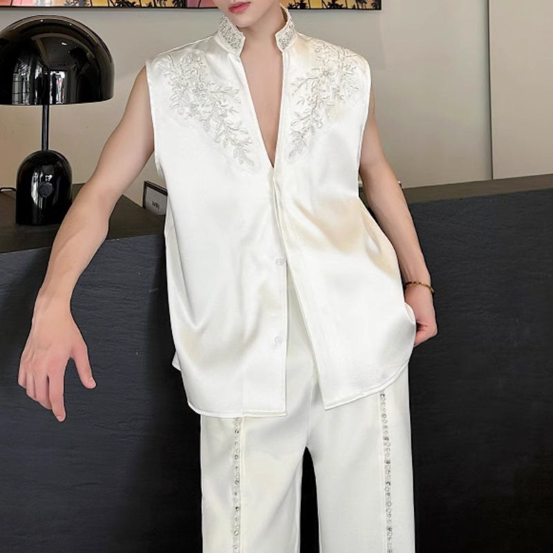 Handmade Pearl Embroidered Jacquard Stand Collar Vest