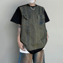 Load image into Gallery viewer, Denim Patchwork Shoulder Pad T-shirt
