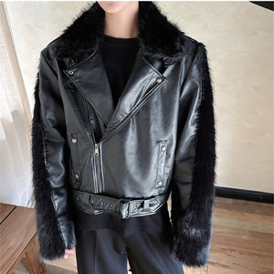 Artificial Fur Patchwork Leather Short Jacket