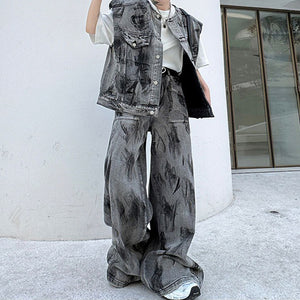 Hand-painted Shoulder Pad Denim Vest Wide-leg Pants Two-piece Suit