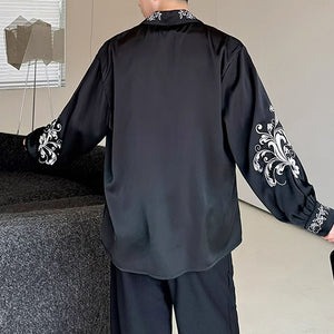 Satin Silky Embroidered Drape Long Sleeve Shirt