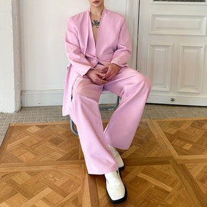 Pink Collarless Suit Jacket Loose Casual Pants Two-piece Suit