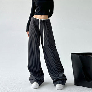 Retro Stitching Double Waist Striped Casual Pants