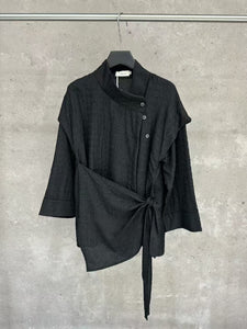 Textured Slanted Placket Tie-Strap Fake Two-Piece Shirt