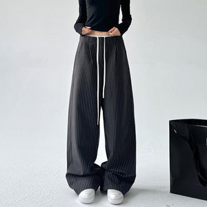 Retro Stitching Double Waist Striped Casual Pants