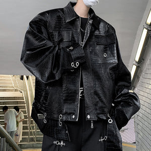 Metallic Deconstructed Leather Glossy Shoulder Padded Jacket