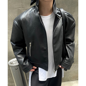 Wide Shoulder Double Zip Motorcycle Leather Jacket