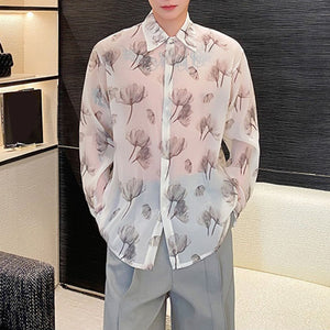 Simple Casual Ink Floral Lapel Long-sleeved Shirt