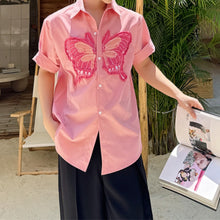 Load image into Gallery viewer, Denim Butterfly Print Loose Short Sleeve Shirt
