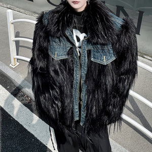 Denim Patchwork Warm Puffy Fur Jacket